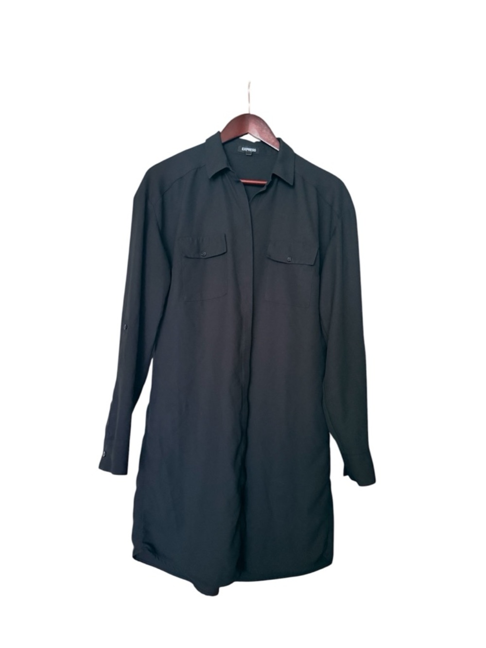 Express Long Black Blouse with Button-Front